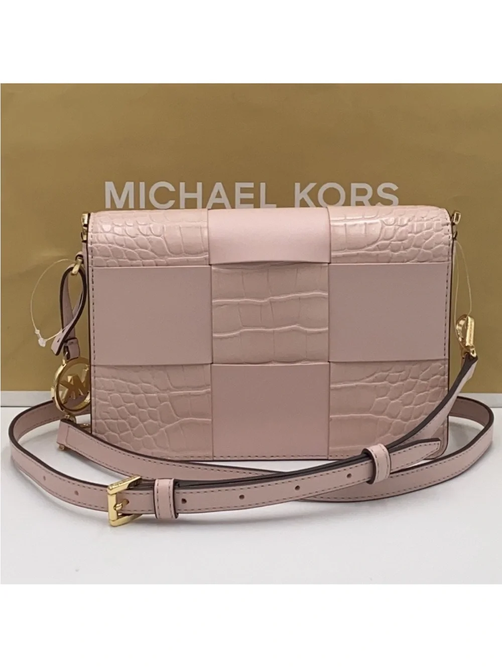 Michael Kors Mercer powder blush Woven Croc-Embossed Leather Crossbody